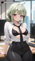 1girls 2025 ahoge ai_assisted ai_generated anime araga_kiwi arm_support artist_name black_bra bra breasts bust computer desk explicit green_hair gushing_over_magical_girls hi_res high_quality high_resolution highres keyboard_(computer) laptop mahou_shoujo_ni_akogarete monitor office on_desk patreon patreon_username purple_eyes school_desk shirt sitting sitting_on_desk skypassion stable_diffusion underwear watermark