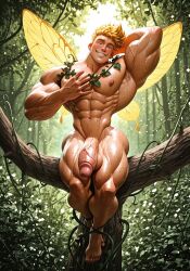 abs adonis_belt ai_generated armpits arms_behind_head arms_up balls ballsack bare_shoulders barefoot biceps big big_chest big_pecs blonde_hair chest deltoids fairy fairy_wings fantasy hands_behind_head handsome happy harness himbo homosexual homosexual_male leaves looking_at_viewer male male_focus male_only muscle muscular muscular_arms muscular_chest muscular_legs muscular_male muscular_thighs mythological_creature navel nipples original original_character pecs pectorals penis quads relaxed skimpy skimpy_clothes skimpy_outfit smiling solo solo_male testicles thick_penis trees triceps veiny veiny_muscles veiny_penis vines wings