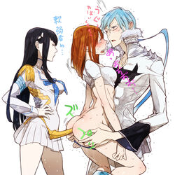 1boy 2girls anal_insertion ass bisexual black_eyes black_hair blue_eyes blue_hair blush bondage brown_eyes brown_hair character_request crop_top erect_nipples eye_contact female glasses group_sex hands_on_hips hetero highres horn inumuta_houka kill_la_kill kiryuuin_satsuki koutarou_(artist) lezdom long_hair looking_at_another male multiple_girls panties panties_aside pussy_juice spread_ass straight strap-on threesome tongue underwear