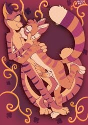 3_toes 4_fingers abstract_background anthro arleighbunny barefoot calvin_mcmurray canine_tooth claws closed_eyes clubs_(suit) countershading cousins_(lore) dark_nose digital_drawing_(artwork) digital_media_(artwork) dipstick_tail domestic_cat duo erection feet felid feline felis filigree fingers flaccid floating fluffy fluffy_chest fur genitals grey_body grey_fur half-closed_eyes hand_on_back hand_on_face head_tuft hi_res hug incest_(lore) invalid_color lackadaisy light_nose male male/male mammal markings narrowed_eyes orange_body orange_fur pawpads penis rocky_rickaby short_height siriusandpyri skinny small_claws smile striped_body striped_fur stripes suit_symbol tail tail_markings tan_body tan_fur tan_inner_ear toes tuft white_body white_fur white_inner_ear white_tail_tip