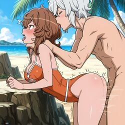 1boy ai_generated ass beach bell_cranel bent_over blush breasts brown_hair cleavage closed_eyes clothed_female_nude_male clothed_sex cloud day doggy_style dungeon_ni_deai_wo_motomeru_no_wa_machigatteiru_darou_ka female from_side large_breasts liliruca_arde long_hair medium_breasts medium_hair ocean open_mouth outdoor palm_tree phibsai rock saliva sex sex_from_behind short_hair sky standing_sex straight swimsuit swimsuit_aside tongue tongue_out tree trembling water