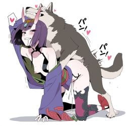 1boy 1girls 2d ambiguous_penetration antennae_(anatomy) bangs blush canine canine_on_humanoid clothed clothing creampie cum doggy_style domestic_dog drool drooling erect_nipples exposed_breasts eyeliner fate/grand_order fate_(series) female female_on_feral feral feral_on_female feral_penetrating heart humanoid leaking_cum light-skinned_female light_skin looking_pleasured lover_animal loving_it male nipples passionate passionate_sex perky_nipples petite pounding purple_eyes purple_hair shuten_douji_(fate) skinny small_breasts smile smiling wet zoophilia