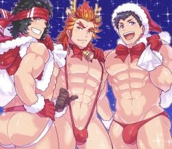 3boys abs akai_suzaku aokumaneko1 aopanda ass ass_cleavage bandana beefy bell biceps big_areola big_ass big_bulge black_hair blue_background blush bowtie breasts bubble_ass bubble_butt bulge bulge_through_clothing christmas christmas_hat christmas_headwear christmas_outfit curly_hair dat_ass eight_pack enjouji_michiru flaccid forked_eyebrows gay gloves grin hi_res idolmaster idolmaster_side-m jockstrap laugh light_skin male male_breasts male_only mankini mature_male medium_hair moobs multicolored_hair muscles muscular muscular_arms muscular_ass muscular_male navel no_body_hair orange_eyes pecs plump_ass practically_nude purple_eyes red_hair reindeer_antlers shingen_seiji short_hair six_pack skimpy smile smirk sparkles standing thick_ass thick_eyebrows thong topless trio two-tone_hair very_high_resolution yaoi yellow_hair