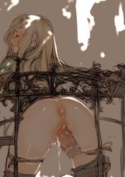 1boy ass blonde_hair branch_(blackrabbits) closed_eyes cum cum_in_ass cum_in_pussy female final_fantasy final_fantasy_tactics final_fantasy_tactics_(original) from_behind long_hair penis pussy rape restrained sex sketch tears uncensored vaginal_penetration