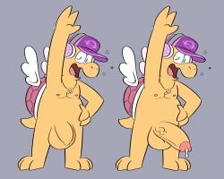 2020 3_fingers 3_toes 5:4 absurd_res anthro balls birdvian clothing cum_dripping_from_penis digital_drawing_(artwork) digital_media_(artwork) erection feet fingers flaccid foreskin genitals hand_on_hip hand_on_own_hip hat headgear headwear hi_res humanoid_genitalia humanoid_penis jewelry koopa koopa_paratroopa koopa_troopa male mario_bros musical_note musical_symbol necklace nintendo nipples non-mammal_balls non-mammal_nipples nude one_eye_closed open_mouth penis pink_headphones purple_background purple_clothing purple_hat purple_headwear red_shell scalie shell simple_background solo stretching symbol toes unretracted_foreskin vein veiny_penis wings yawn