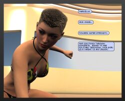 3d 3d_(artwork) 3d_comic bare_shoulders bikini character_introduction character_name cleavage comic_page expressionless large_breasts large_tits marcella_(ropeman1) navel oblivious posing_for_picture red_lipstick ropeman1 source_request squatting superhero superheroine text thong_bikini tomboy victory_celebration wholesome