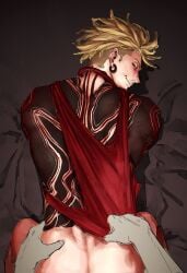 2boys all_fours ass back_tattoo blackout_tattoo blonde_hair clothes_pull earrings enjin_(gachiakuta) from_behind gachiakuta hand_on_another's_hip highres jewelry looking_at_viewer looking_back male_focus male_only multiple_boys multiple_tattoos necklace pov red_tank_top sex sex_from_behind shirt_pull smokerichi tank_top tattoo undercut yaoi