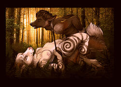 anthro arms_behind_back black_hair body_markings breasts canine caprine closed_eyes collar detailed_background domination female femdom fur furry goat hair hooves horn interspecies kneeling lying markings missionary_position nipples penetration predator/prey rape seskata tree white_hair wolf