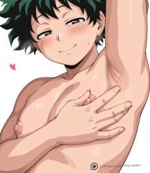 1boy 1femboy ai_generated arm_behind_head armpit blush blush_lines boku_no_hero_academia deku femboy freckles freckles_on_face green_hair hand_on_own_chest heart-shaped_pupils heavy_breathing izuku_midoriya light-skinned_male light_smile male male_focus male_only my_hero_academia narrowed_eyes nipples pink_nipples presenting_armpit seductive_smile solo solo_femboy solo_focus sweat teasing thronart upper_body