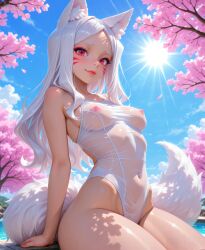 absurd_res aged_up ai_generated animal_ears animal_tail beast breasts competition_swimsuit face_markings female fox fox_ears fox_girl fox_humanoid fox_tail hi_res highleg_one-piece_swimsuit highres looking_at_viewer medium_breasts one-piece_swimsuit pool poolside red_eyes see-through_clothing sewayaki_kitsune_no_senko-san shiro_(sewayaki_kitsune_no_senko-san) sitting solo sunshine tagme tail thick_thighs wet white_hair white_one-piece_swimsuit xorvexai