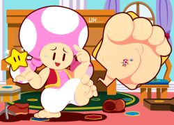 1boy 1girls barefeet barefoot concerned dialogue giantess macro macro_female mario_(series) mario_party mario_party_ds nintendo shadowmegacollection stepped_on super_mario_bros. toad_(mario) toadette