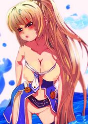 blonde_hair blue_eyes blush breasts female hikomaro610 long_hair looking_at_viewer navel nipples open_mouth phantasy_star phantasy_star_online_2 ponytail pussy solo standing tied_hair uncensored water