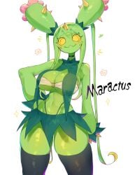 1girls anthro big_breasts black_thighhighs blush choker cleavage english_text female female_only g-string generation_5_pokemon green_body green_hair hand_on_hip hi_res looking_at_viewer maractus nintendo pokemon pokemon_(species) smiling smiling_at_viewer solo text thick_thighs thighhighs toge77789 togetoge underboob white_background yellow_eyes