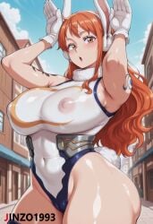 1girls ai_generated animal_ears arm_tattoo armpits arms_up artist_name bare_shoulders big_breasts blue_sky blush breasts cameltoe cloud cosplay covered_navel covered_nipples curvy day fake_animal_ears fake_tail female female_only fur_collar gloves highleg highleg_leotard huge_breasts jinzo1993 large_breasts leotard long_hair looking_at_viewer miruko_(cosplay) my_hero_academia nami_(one_piece) one_piece open_mouth orange_eyes orange_hair outdoors patreon_username rabbit_ears rabbit_pose rabbit_tail see-through shoulder_tattoo sky sleeveless_turtleneck_leotard solo tail tattoo thick_thighs thighhighs thighs white_gloves white_leotard