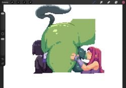 1boy 2girls animal_genitalia beast_boy beast_rimming big_breasts black_leotard blowjob blue_plate_special dc_comics equid equine equine_genitalia equine_penis feral horse horse_penis horsecock pixel_art pixzapix raven_(dc) rimjob rimming starfire teen_titans threesome zoophilia
