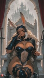 ai_generated closed_eyes animal_ears solo big_boobs thick_thighs cleavage blush big_butt female rating:safe medium_breasts fran_(ffxii) large_breasts big_ass 1girl final_fantasy_xii rabbit_ears hi_res final_fantasy breasts aisinful butt sitting viera ass wide_hips building