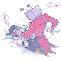 ... 74s_f_(artist) ambiguous_gender ambiguous_penetration artist_request bare_legs blush covering_mouth deltarune holding_another's_leg kneeling kris_(deltarune) male/ambiguous open_fly sweat tenna_(deltarune)