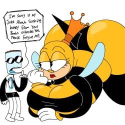1boy 1girls ass bee bee_girl bee_humanoid bee_stinger bee_wings big_ass big_boobs big_breasts big_butt big_tits black_panties boobs breasts bug bug_girl bug_wings butt cleavage crown cuphead_(game) funny huge_boobs huge_breasts huge_tits humor insect insect_girl insect_humanoid insect_wings itz_not_v larger_female lipstick meme mini_giantess oc panties queen red_lipstick rumor_honeybottoms self_insert shitpost speech_bubble striped striped_body text text_bubble tits toony white_gloves whore_eyes