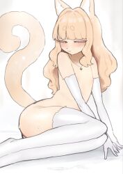 1boy 2d animal_ears blonde_hair blush color femboy femboy_only full_color furry_male gloves hair high_gloves long_gloves long_hair male male_only naked naked_male necklace on_side original solo stefvanian stockings sweat tagme tail