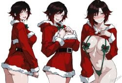 1girls ai_generated big_breasts blush breasts christmas christmas_clothing christmas_outfit female female_only kizirugai light-skinned_female rooster_teeth ruby_rose rwby solo solo_female wide_hips