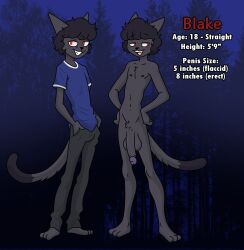 3_toes anthro balls barefoot biped black_body black_fur black_hair black_nose black_tail_tip blake_(sprigatitoartz) blue_clothing blue_shirt blue_topwear bottomwear chest_tuft clothed clothed_anthro clothed_male clothing dipstick_tail domestic_cat feet felid feline felis fur fur_tuft genitals grey_body grey_bottomwear grey_clothing grey_fur grey_pants hair hands_in_both_pockets male mammal markings model_sheet multicolored_body multicolored_fur nipples nude_anthro nude_male open_mouth pants pecs penis red_eyes shirt skinny skinny_anthro skinny_male solo sprigatitoartz standing tail tail_markings teeth toes topwear tuft two_tone_body two_tone_fur