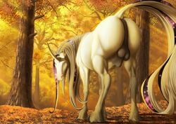 anus balls equine feral forest fulguris_(character) fur horn horse jackrow leaves male raised_tail sheath tree unicorn white_fur