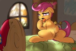 2013 alarm_clock bed bedroom cradeelcin equine female feral friendship_is_magic fur hair half-closed_eyes horse inside my_little_pony open_mouth orange_fur pegasus pony purple_eyes purple_hair pussy pussy_juice scootaloo_(mlp) solo tongue tongue_out window wings