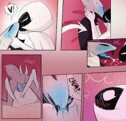 anthro arthropod arthropod_abdomen bite black_body blue_penis blue_tongue blush clothing comic duo erection female genitals gynomorph gynomorph/female heart_symbol hollow_knight hollow_knight:_silksong hollow_knight_(franchise) hornet_(hollow_knight) intersex intersex/female kissing lace_(hollow_knight) lace_(hollow_knight:_silksong) lordsapathy mammal nude nude_gynomorph penis shove speech_bubble team_cherry tongue white_body