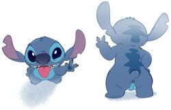 alien anthro anus backsack balls black_eyes blue_body blue_fur disney experiment_(lilo_and_stitch) fur genitals gesture hand_gesture hi_res lilo_and_stitch long_ears male male_only notched_ear short_stack solo stitch_(lilo_and_stitch) tongue tongue_out v_sign yourownsnack
