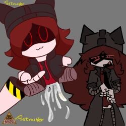 ambiguous_gender artist_logo artist_signature collaboration cringe cum disassembly_drone disgusted disgusted_expression murder_drones nulogonepostal plushie plushophilia red_eyes red_hair robot salami(nulogonepostal) self_upload sstraiker worker_drone