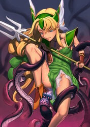 blonde_hair blue_eyes blush breasts bridal_gauntlets cleavage female helmet highres human jewelry leg_grab leg_up long_hair low-tied_long_hair mound_of_venus musen-shiki_sanhankikan necklace polearm riesz seiken_densetsu seiken_densetsu_3 slime solo spear square_enix tentacle very_long_hair weapon winged_helmet