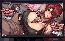 1boy 1girls 2d at_gunpoint big_breasts big_penis black_lagoon breasts busty cfnm clothed clothed_female_nude_male computer computer_monitor dark-skinned_male dark_skin destroy_dick_december dialogue duo english english_text female firearm gun gunpoint handgun holding_gun holding_object holding_weapon huge_breasts interracial light-skinned_female light_skin male male/female monitor nipples_visible_through_clothing nude nude_male outercourse paizuri paizuri_under_clothes penis penis_between_breasts red_hair revy revy_(black_lagoon) stevechopz tattoo text titjob torn_clothes weapon
