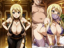 1girl1boy ai_generated bed bedroom bedroom_sex bending_forward big_breasts big_lips bimbo blonde_female blonde_hair blush brown_eyes cleavage cocktail_dress cum cum_drip cum_dripping cum_in_pussy cum_inside dancer dancer_outfit doggy doggy_style dress faceless_male fairy_tail fat_man female hair_down hand_on_hip harem_outfit huge_breasts indoors jewelry long_hair looking_at_viewer lucy_heartfilia motion_lines mouth_veil multiple_views omega_weirdo patreon pink_lips seductive sex sex_slave side_slit smile smiling smug standing sugar_daddy taken_from_behind