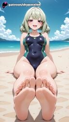 1girls 2025 ai_assisted ai_generated anime araga_kiwi artist_name barefoot beach blue_one-piece_swimsuit blue_sky breasts bust cloud competition_swimsuit explicit feet foot_fetish foot_focus foreshortening gushing_over_magical_girls hi_res high_quality high_resolution highleg_one-piece_swimsuit highres looking_at_viewer mahou_shoujo_ni_akogarete multicolored_one-piece_swimsuit one-piece_swimsuit open_mouth outdoors patreon patreon_username poolside purple_eyes sand shore sky skypassion smile soles solo stable_diffusion swimsuit toe_scrunch toes water watermark