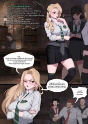 2025 2d 3boys 3girls anger_symbol anger_vein blonde_hair brown_hair cassandra_vole color crossed_arms dialogue english_text faceless_male fantasy fantasy_racism female female_focus fully_clothed green_eyes harry_potter harry_potter:_magic_awakened human light_skin male mean_girl mudblood multiple_boys one_eye_closed popular_girl racism racist racist_woman school_uniform slytherin slytherin_tie solo_focus tagme text twitter_link wjs07