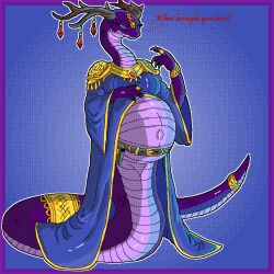 accessory anthro belt bracelet cloak_only decoration female furgonomics gem gold_(metal) gold_bracelet gold_jewelry horn jewelry makseqs pregnant pregnant_anthro pregnant_female purple_body purple_scales reptile ruby_(gem) scales scalie snake solo tail tail_accessory tail_jewelry
