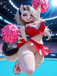 absurd_res ai_generated anthro big_breasts bottomless bouncing_breasts breasts canine cheerleader cheerleader_uniform female fur furry happy hi_res jumping long_hair looking_at_viewer loona_(helluva_boss) pussy solo stockings tagme thick_thighs xorvexai
