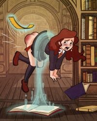 1girls arkham-insanity ass bare_ass book brown_hair brunette-haired_female brunette_female brunette_hair crying crying_with_eyes_open defeated_heroine dress_raised_for_spanking embarrassed exposed_ass female floating gryffindor gryffindor_tie harry_potter hermione_granger hogwarts levitating library magic magic_book magic_user no_underwear no_visible_genitalia panties_down ruler skirt_lift skirt_up spank_marks spanked spanked_ass spanked_butt spanking spanking_ass spell spellbook tears