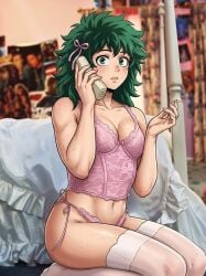 aged_up ai-created ai_art ai_generated beautiful_girl boku_no_hero_academia cute_female female female_deku female_focus freckles_all_over genderswap_(mtf) izuku_midoriya lace lace_trim lingerie midoriya_izuku my_hero_academia pinup pinup_(style) pinup_art pinup_girls pinup_pose reference sabrina_carpenter thick_thighs uncensored