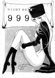 1girls 70s boots breasts doujinshi female galaxy_express_999 greyscale hat large_breasts leijiverse long_hair looking_at_viewer maetel monochrome nipples sitting