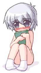 blush books eyebrows_visible_through_hair female ikkyuu inugami_miyabi pani_poni_dash! short_hair silver_hair sitting socks solo white_socks