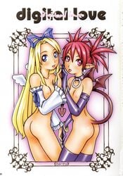 2girls :p angel_wings ass blonde_hair blue_eyes choker demon_tail demon_wings detached_sleeves disgaea disgaea_1 elbow_gloves etna female female_only flonne ha-ru hair_ribbon naked nude pointy_ears red_eyes red_hair ribbon skull_earrings small_breasts stockings tongue_out twintails very_long_hair