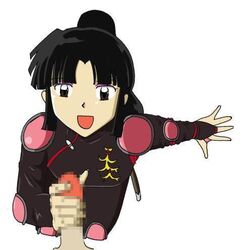 1boy 1girls armor artist_request black_eyes black_hair censored clothed clothes eyeshadow female fingerless_gloves fully_clothed hand_on_penis handjob inuyasha jumpsuit kneeling long_hair low_quality male open_mouth pauldrons penis ponytail pov sango simple_background smile solo_focus tied_hair white_background