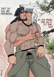 2boys abs bara beard biceps black_eyes black_hair bulge closed_eyes clothed clothed_male_nude_male clothing creed dilf english_text facepaint facial_hair fishnet fishnets forehead_protector grabbing_from_behind hairy_arms hand_on_chest headband hug human human_only jiraiya long_hair looking_at_partner male male_chest male_only mature_male multiple_males muscle muscles muscular muscular_male naruto naruto_(classic) naruto_(series) naruto_shippuden nipple_tweak nipples nude nude_male pants pecs pectorals sarutobi_asuma standing text topless white_hair yaoi