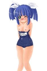 bare_legs blue_hair blush breasts name_tag nipple_slip nipples one-piece_swimsuit pani_poni_dash pani_poni_dash! rokugou-san sayaka_suzuki school_swimsuit small_breasts suzuki_sayaka sweat swimsuit swimsuit_pull thigh_gap tied_hair twintails wet wtst