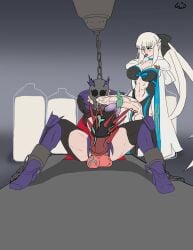 2futas artoria_pendragon_(lancer_alter) balls big_balls big_penis body_modification bottomless breasts chained_up clothed clothing condom duo erection fate_(series) fellatio futa_only futanari goofywerm huge_cock human injection iron_mask light-skinned_futanari light_skin morgan_le_fay_(fate) oral partially_clothed penis penis_spikes penis_tentacle presenting rape restrained sitting spread_legs standing transformation urethra