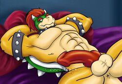 1boy 2006 abs animal_genitalia animal_penis anthro anus balls ballsack bara bowser color erection furry green_head green_shell horns knot koopa male male_only mario_(series) nintendo nude_male on_back pecs penis red_hair reptile scalie scrotum shell smooth_penis solo spiky_shell testicles tokeki toony