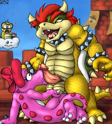 ambiguous_gender ball_fondling balls birdo bowser castle fellatio lakitu male mario_(series) nanimoose nintendo oral penis precum scalie size_difference straight_hair super_mario_bros. video_game