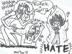 1boy 2005 2girls angry cuckquean dc_comics dcau english english_text female laugh long_hair male max_skeen middle_finger monochrome nude rachel_roth raven_(dc) rorek sex sketch smile straight straight_hair teen_titans terra