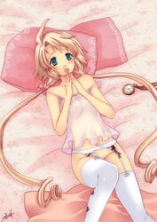 blonde_hair blush camisole eternal_sonata garter_belt garters green_eyes lingerie long_hair lying no_panties pillow pillows pocket_watch polka see-through thighhighs tied_hair trusty_bell twintails underwear watch